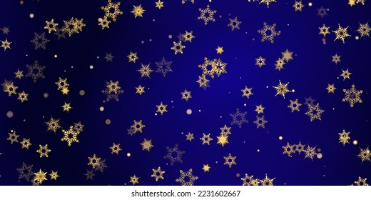 Gold snowflake seamless pattern. Fall golden, vivid, bright snow. Vector Illustration with frost, snowfall, star. Holiday Winter Dark blue background for New Year's, christmas celebration. 