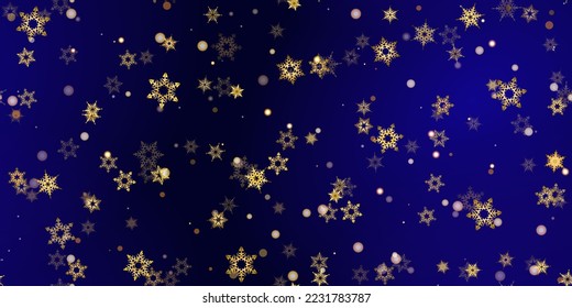Gold snowflake seamless pattern. Fall golden, vivid, bright snow. Vector Illustration with frost, snowfall, star. Holiday Winter Dark blue background for New Year's, christmas celebration. 