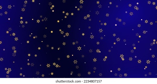 Gold snowflake seamless pattern. Fall golden, vivid, bright snow. Vector Illustration with frost, snowfall, star. Holiday Winter Dark blue background for New Year's, christmas celebration. 