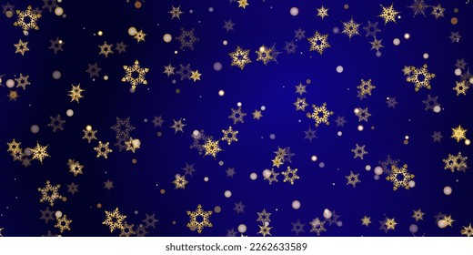 Patrón sin costuras de copo de nieve dorado. Cae nieve dorada, vívida, brillante. Ilustración vectorial con escarcha, nevada, estrella. Invierno de vacaciones Fondo azul oscuro para Año Nuevo, celebración navideña. 
