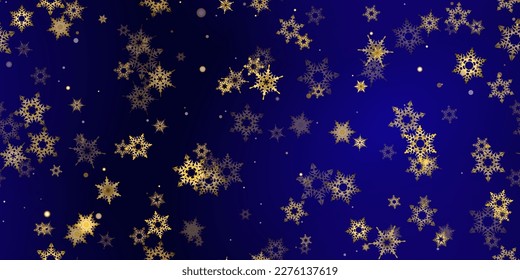 Gold snowflake seamless pattern. Fall golden, vivid, bright snow. Vector Illustration with frost, snowfall, star. Holiday Winter Dark blue background for New Year's, christmas celebration. 