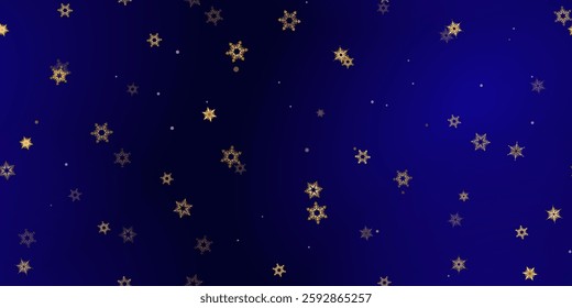 Gold snowflake seamless pattern. Fall golden, vivid, bright snow. Vector Illustration with frost, snowfall, star. Holiday Winter Dark blue background for New Year's, christmas celebration. 