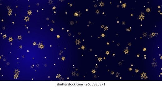 Gold snowflake seamless pattern. Fall golden, vivid, bright snow. Vector Illustration with frost, snowfall, star. Holiday Winter Dark blue background for New Year's, christmas celebration. 