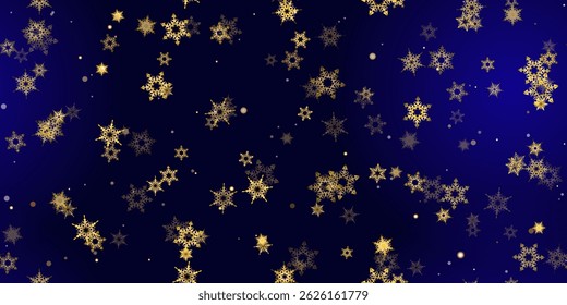 Gold snowflake seamless pattern. Fall golden, vivid, bright snow. Vector Illustration with frost, snowfall, star. Holiday Winter Dark blue background for New Year's, christmas celebration. 