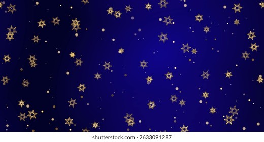Gold snowflake seamless pattern. Fall golden, vivid, bright snow. Vector Illustration with frost, snowfall, star. Holiday Winter Dark blue background for New Year's, christmas celebration. 