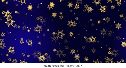 Gold snowflake seamless pattern. Fall golden, vivid, bright snow. Vector Illustration with frost, snowfall, star. Holiday Winter Dark blue background for New Year's, christmas celebration. 