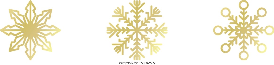 Conjunto de copo de nieve de oro aislado. Vector brillante del elemento de la decoración de la Navidad