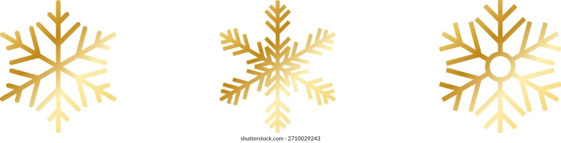 Conjunto de copo de nieve de oro aislado. Vector brillante del elemento de la decoración de la Navidad