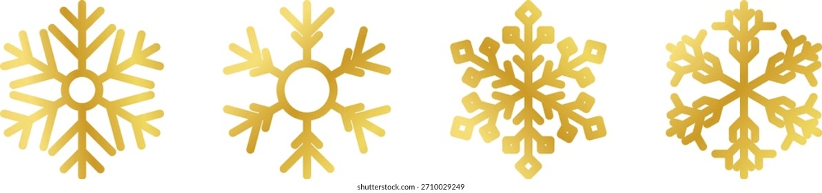 Conjunto de copo de nieve de oro aislado. Vector brillante del elemento de la decoración de la Navidad