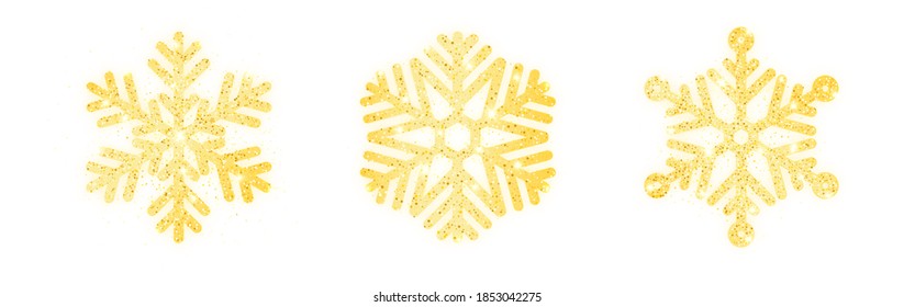 Gold snowflake set on white backdrop. Luxury Christmas design for advertising. Shining gold snowflakes collection. Christmas decoration with golden glitter. Vector illustration.
