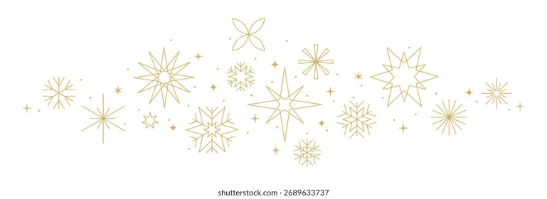 Copo de nieve de oro, estrella y frontera de fuegos artificiales, decoración de Navidades