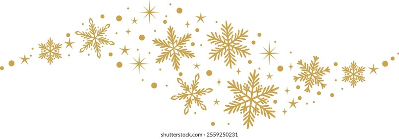 Gold snowflake vector banner, decorative snow wave illustration border, winter holiday clip art design