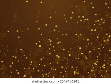 Gold Snowflake Vector Brown Background. Golden Shine Snowfall Postcard. Winter Dots Texture. Bokeh Snowstorm Pattern.