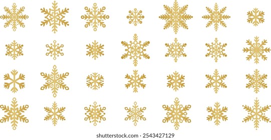 Arte del Clip del Vector del copo de nieve del oro, colección del icono de la nieve, conjunto decorativo dibujado a mano de la ilustración del día de fiesta del invierno, aislado