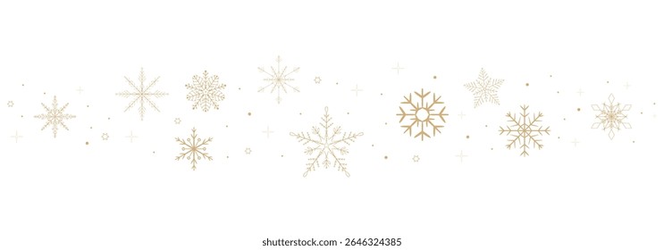 Borde de la onda del copo de nieve del oro. Fondo de invierno de vacaciones doradas de nieve. Nieve caída, guirnalda, adorno de estrella. Elemento de diseño de escamas, decoración.