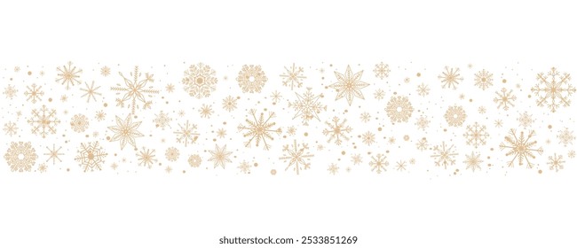 Gold snowflake wave border, winter holiday garland, falling golden snow and stars decoration isolated on white background. Template with a Christmas elements