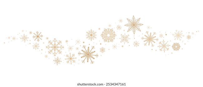 Frontera de la onda del copo de nieve del oro, guirnalda del día de fiesta del invierno, nieve dorada que cae y decoración de las estrellas aislada en el fondo blanco. Plantilla con una Navidad Elementos