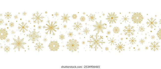 Gold snowflake wave border, winter holiday garland, falling golden snow and stars decoration isolated on white background. Template with a Christmas elements