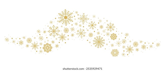 Gold snowflake wave border, winter holiday garland, falling golden snow and stars decoration isolated on white background. Template with a Christmas elements