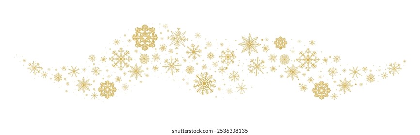 Borda de onda floco de neve dourada, grinalda de férias de inverno, neve dourada caindo e estrelas decoração isolada no fundo branco. Modelo com elementos Christmas