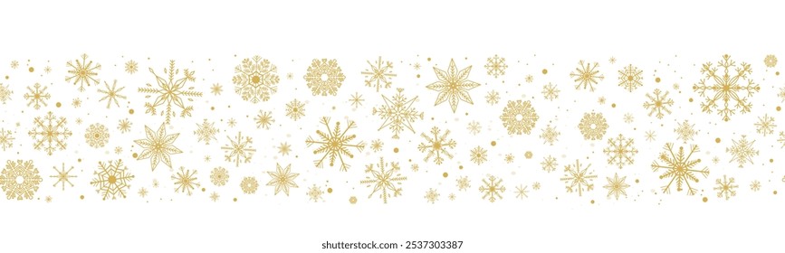 Frontera de la onda del copo de nieve del oro, guirnalda del día de fiesta del invierno, nieve dorada que cae y decoración de las estrellas aislada en el fondo blanco. Plantilla con una Navidad Elementos