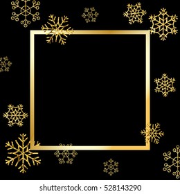 Gold Snowflakes background. Winter Holidays banner. Golden Snow flakes frame.