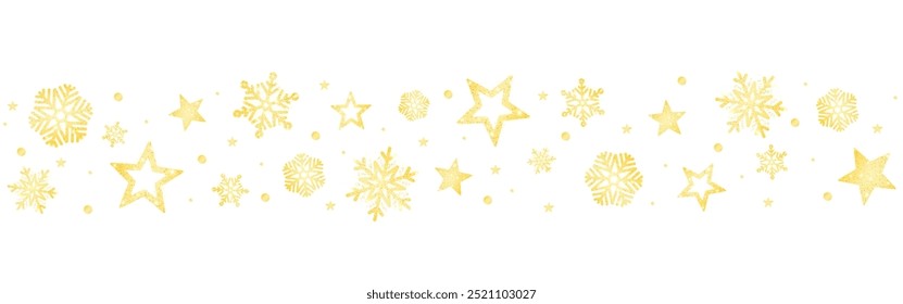 Gold snowflakes border. Christmas decoration on white background. Winter glitter design for greeting card or invitation. Gold snow frame. Holiday wallpaper template. Vector illustration.