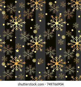 Gold snowflakes and circles on black background. Winter background. Christmas template