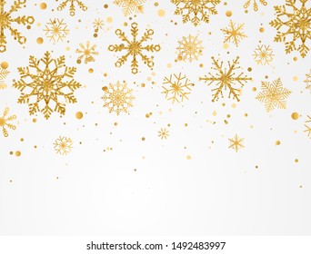 Gold snowflakes falling on white background. Golden snowflakes border with different ornaments. Luxury Christmas garland. Winter ornament for packaging, cards, invitations. Vector illustration.