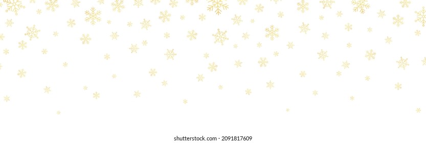 Copos de nieve dorados cayendo sobre fondo blanco. Decoración navideña de invierno. Elementos de vacaciones doradas. Plantilla de fondo de tarjeta de felicitación. Ilustración vectorial.