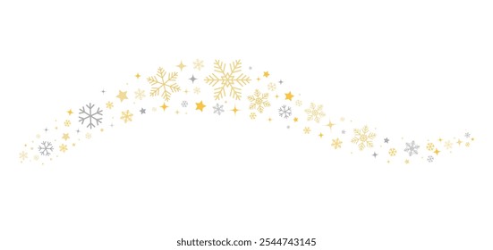 Flocos de neve dourados caindo sobre fundo branco. Flocos de neve brilhantes. Flocos de neve elementos decorativos para o Natal. Tempo de queda de neve. Ilustração vetorial.