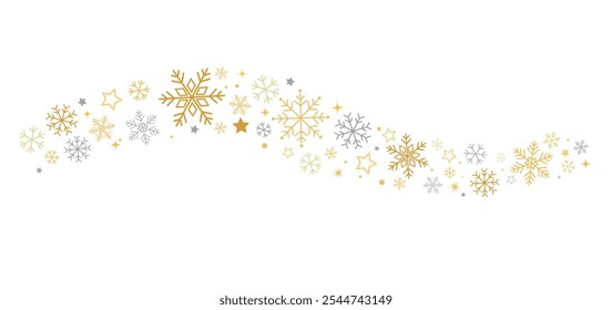 Gold snowflakes falling on white background. Glittering glowing snowflakes. Snowflakes decorative elements for Christmas. Snowfall weather. Vector illustration.