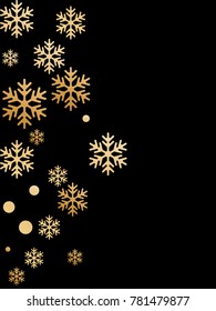 Gold snowflakes falling winter vector background. Golden snow flakes macro illustration, water freezing parts, snow elements, flakes confetti chaotic scatter. Cold weather symbols on black background.