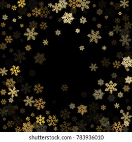 Gold snowflakes falling winter vector background. Golden snow flakes macro illustration, water freezing parts, snow elements, flakes confetti chaotic scatter. Cold weather symbols on black background.