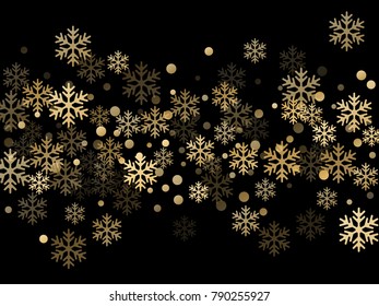 Gold snowflakes falling winter vector background. Golden snow flakes macro illustration, water freezing parts, snow elements, flakes confetti chaotic scatter. Cold weather symbols on black background.