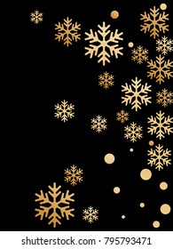 Gold snowflakes falling winter vector background. Golden snow flakes macro illustration, water freezing parts, snow elements, flakes confetti chaotic scatter. Cold weather symbols on black background.