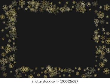 Gold snowflakes frame on black background. New year theme. Horizontal shiny Christmas frame for holiday banner, card, sale, special offer. Falling snow with gold snowflake and glitter for party invite