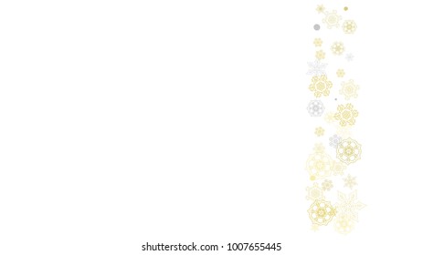Gold snowflakes frame on black background. New year theme. Horizontal shiny Christmas frame for holiday banner, card, sale, special offer. Falling snow with gold snowflake and glitter for party invite