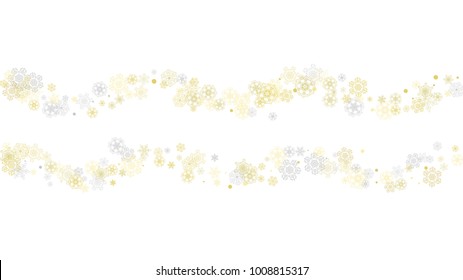 Gold snowflakes frame on black background. New year theme. Horizontal shiny Christmas frame for holiday banner, card, sale, special offer. Falling snow with gold snowflake and glitter for party invite