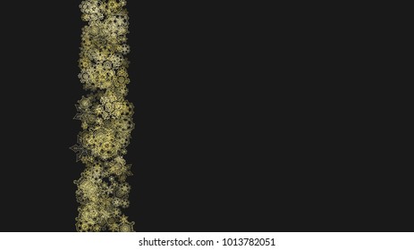 Gold snowflakes frame on black background. New year theme. Horizontal shiny Christmas frame for holiday banner, card, sale, special offer. Falling snow with gold snowflake and glitter for party invite