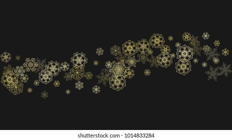 Gold snowflakes frame on black background. New year theme. Horizontal shiny Christmas frame for holiday banner, card, sale, special offer. Falling snow with gold snowflake and glitter for party invite