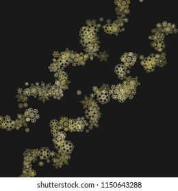 Gold snowflakes frame on black background. New year theme. Stylish shiny Christmas frame for holiday banner, card, sales, special offers. Falling snow with gold snowflakes and glitter for party invite