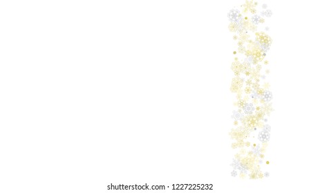 Gold snowflakes frame on black background. New year theme. Horizontal shiny Christmas frame for holiday banner, card, sale, special offer. Falling snow with gold snowflake and glitter for party invite