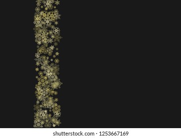 Gold snowflakes frame on black background. New year theme. Horizontal shiny Christmas frame for holiday banner, card, sale, special offer. Falling snow with gold snowflake and glitter for party invite