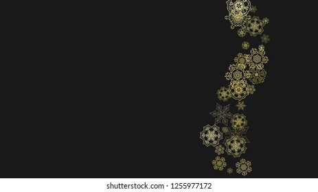 Gold snowflakes frame on black background. New year theme. Horizontal shiny Christmas frame for holiday banner, card, sale, special offer. Falling snow with gold snowflake and glitter for party invite