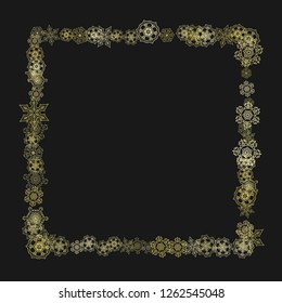 Gold snowflakes frame on black background. New year theme. Stylish shiny Christmas frame for holiday banner, card, sales, special offers. Falling snow with gold snowflakes and glitter for party invite