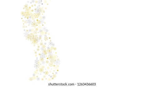 Gold snowflakes frame on black background. New year theme. Horizontal shiny Christmas frame for holiday banner, card, sale, special offer. Falling snow with gold snowflake and glitter for party invite