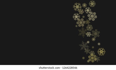Gold snowflakes frame on black background. New year theme. Horizontal shiny Christmas frame for holiday banner, card, sale, special offer. Falling snow with gold snowflake and glitter for party invite