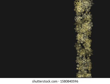 Gold snowflakes frame on black background. New year theme. Horizontal shiny Christmas frame for holiday banner, card, sale, special offer. Falling snow with gold snowflake and glitter for party invite