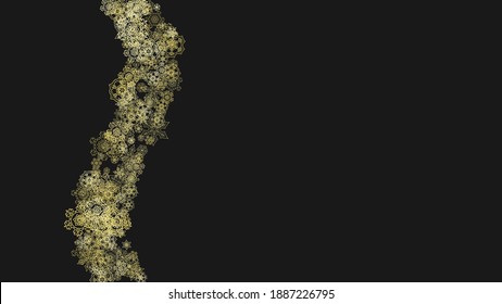 Gold snowflakes frame on black background. New year theme. Horizontal shiny Christmas frame for holiday banner, card, sale, special offer. Falling snow with gold snowflake and glitter for party invite